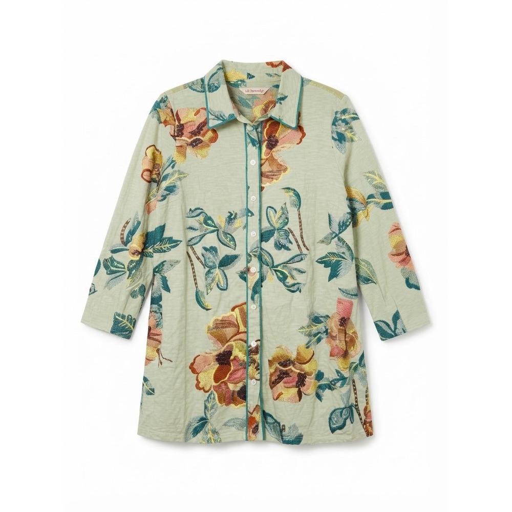 Soft Surroundings Button Down L Cotton Boho Earthy Floral Baggy Peasant